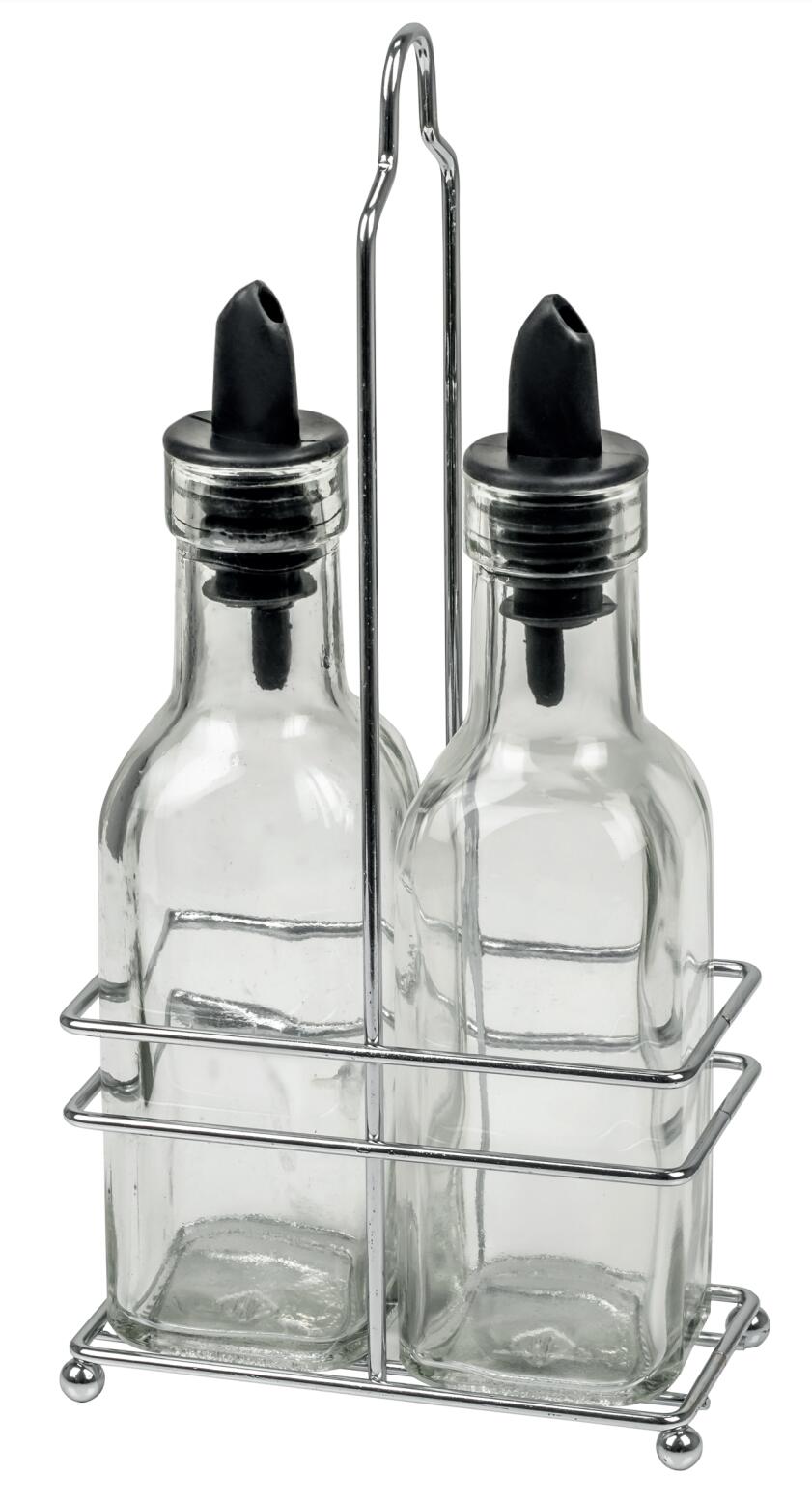280ML square No Drip Olive Oil and Vinegar glass Bottle set Liquid Dispenser glass Can and Rack Set for Kitchen, Olive Oil and Vinegar glass Bottle set