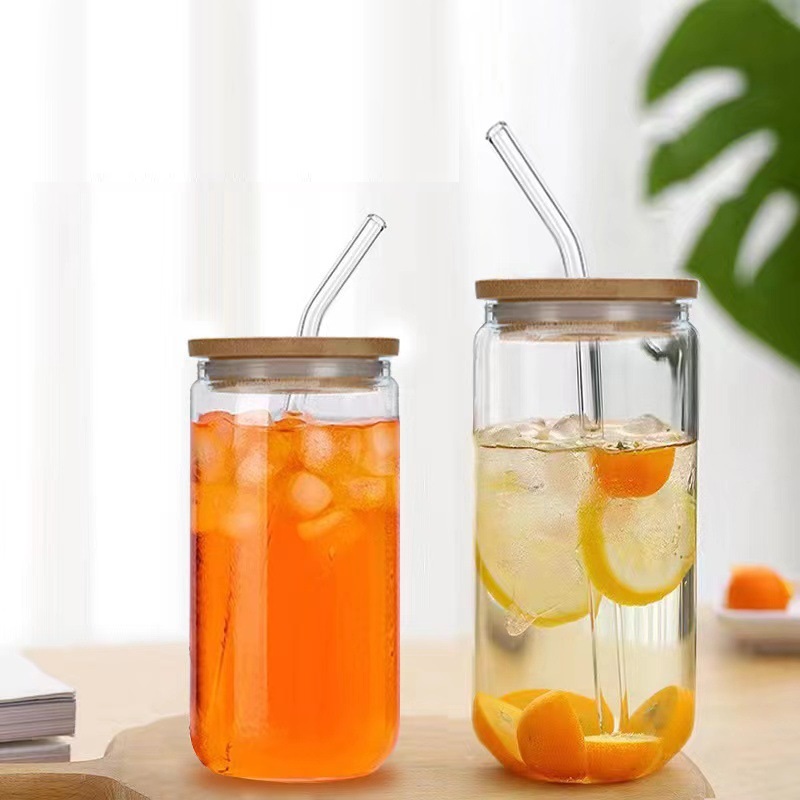 400ML Heat Cold Resistant Borosilicate Glass Cups Mason Jars Beer  With Bamboo Lids and Straw, GLASS CUP