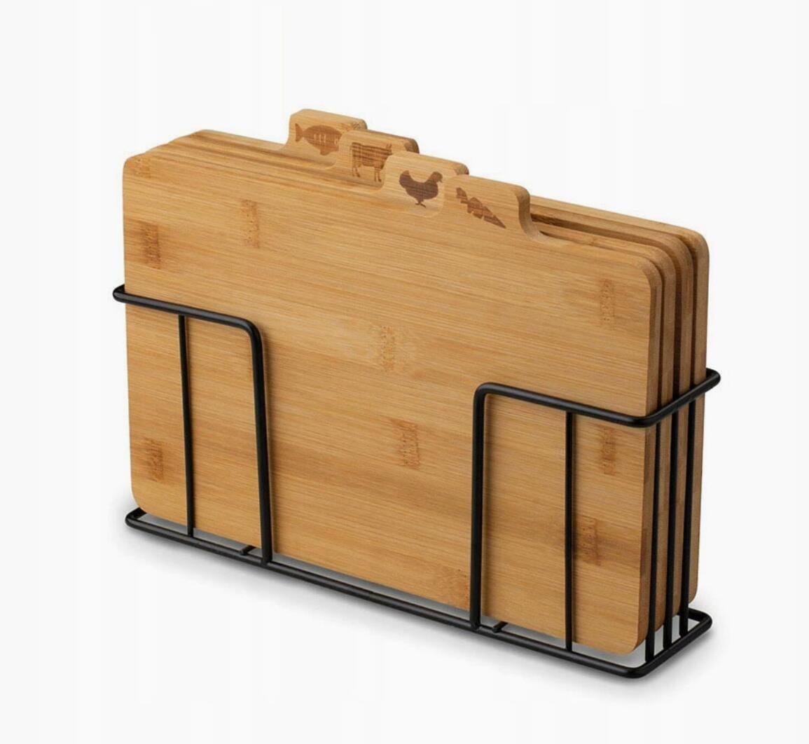 Hot selling food grade Set of 4 Bamboo  Index Cutting Board Chopping Board with drying Metal Holder for Kitchen Bread Meat Vegetables Fish, Bamboo  Index Cutting Board