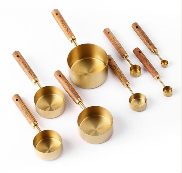 8PCS  Wood Handle Gold Color Stainless Steel Measuring Cup and Spoons SET baking tools