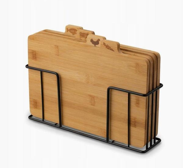 Hot selling food grade Set of 4 Bamboo  Index Cutting Board Chopping Board with drying Metal Holder for Kitchen Bread Meat Vegetables Fish