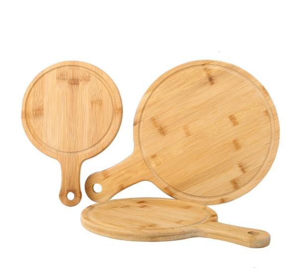 Natural bamboo Pizza Serving Tray Bamboo Round Pizza Bread Board  Sushi Plate with Handle