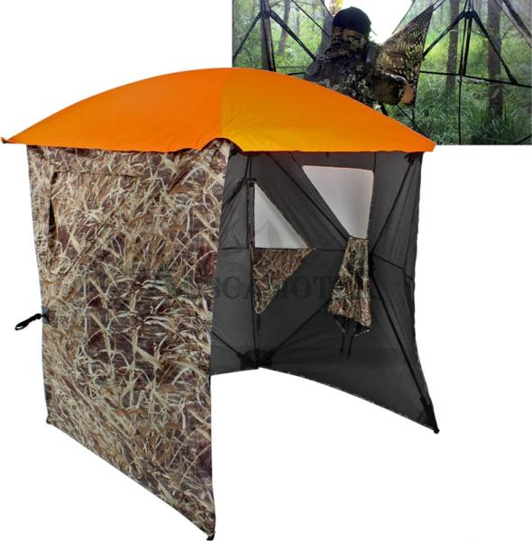 AUSCAMOTEK 3W See Through Pop Up Ground Blind Hub Style 3-Panels Blinds with Removable Orange Blaze Top for Deer Tuckey Duck Hunting