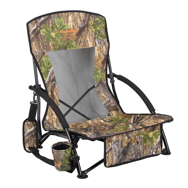 AUSCAMOTEK Low Profile Hunting Chair, Portable Folding Camo Ground Blind Chair with Shoulder Strap, Cup Holder, Mesh Backrest, Carry Bag & Storage Pouch, Ideal for Turkey Hunting & Outdoors