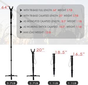 AUSCAMOTEK Rifle Shooting Stick with Tri-Stand Base Aluminum Shotgun Monopod Resting Callapable with Removable Stock Yoke